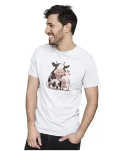 ALLEN BLACK Men's & Women's Regular Fit 100% Cotton T-Shirt (PIGCOW04-White M Men Round_)