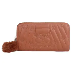 Quilted Wallet with Rose Embroidery, Brown, Pom Pom Charm, Long Zip Around