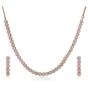 RATNAVALI JEWELS American Diamond Rose Gold Plated Traditional Fashion Jewellery Singe Line Necklace Set with Earring for Women/Girls RV4137RG