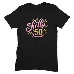 Hello 50 Birthday T-Shirt, Fun 50th Party Celebration Tee, Vintage Style Milestone Shirt, Gift for Turning Fifty (XL, Black)