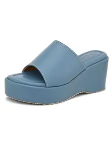 EL PASO Blue Synthetic Leather Wedge Heel Sandals Casual Daily Party Platform Slippers for Women and Girls - 6 UK