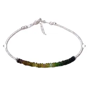 RRJEWELZ Watermelon Tourmaline Rondelle Beaded Bracelet – Smooth 3mm Multicolor Stones with Silver Lock – 7 Inch Adjustable link Bracelet for Men & Women|LCBR_RR_06626