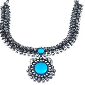 MYROOH - Touching Souls Fashion Pure Brass Oxidised Kolhapuri Blue Stone Pendant Antique Necklace/Choker for Women with Beautiful Stone