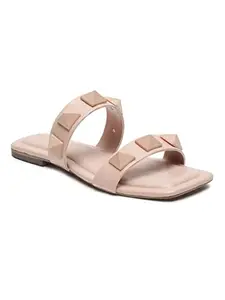 Bruno Manetti women's Nude Slipon Back Open Square Toe with Upper Triangle Studs Comfort Flats