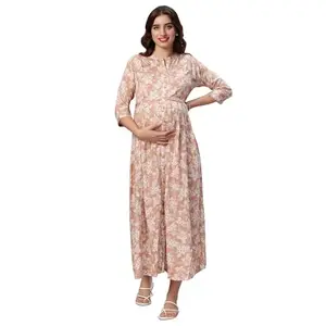 MAMMA'S MATERNITY Cream Floral Rayon Maternity/Feeding/Nursing Long Dress - (MMCRFLWD2969-M)