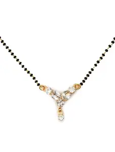 Traditional Gold-Plated Mangalsutra Necklace with Crystal Pendant, Black Beaded Chain