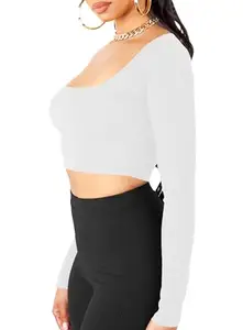 THE BLAZZE Women's Cotton Stylish Western Basic Solid Wear TV Oval Neck with Full/Long Sleeve Crop Top for Women L652 1059 (XL, WHT)