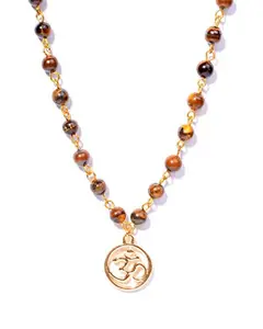 Gempro Genuine Tiger's Eye Gemstone Gold Plated OM Pendant Necklace for Women, Brown