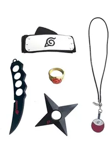 Mohaa Naruto Cosplay Set of 5 Black Headband | Ring | Action Tools Pendant | Collectible Pack for Anime Fans