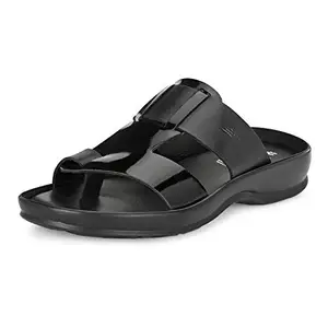 HITZ Men's Black Leather Toe Ring Comfort Slippers - UK 9