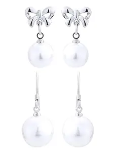 Kairangi Pearl Earrings for Women 2 Pairs Combo Drop Earrings Rhodium Plated White Plear Silver Drop Earrings for Women and Girls