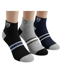 SOCKS-MOJE RH Pure Cotton Ankle Length Line Ribbed Socks with Midrib | Seamless Comfort Fit (Pack of 3)