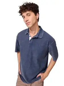 The Souled Store Estate Blue Men and Boys Short Sleeves Collared Neck Solid Cotton Oversized Polos