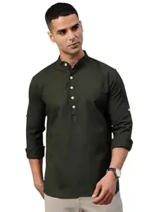 Majestic Man Men's Pure Cotton Solid Mandarin Collar Slim Fit Roll-Up Sleeves Short Kurta