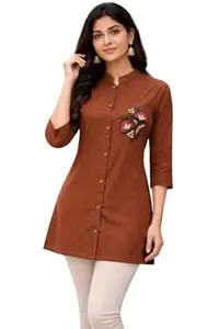 Kukra Attire Womens Pure Cotton Embroidered Tunic Shirt 3/4 Sleeve Button Down Blouse Lightweight Breathable Top Longline Ethnic Fusion Blouse for Women