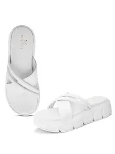 XE Looks Women's White Comfortable Platform Slippers | Trendy Sandals with Cross Strap Upper | Cushioned Footbed | Anti-Slip Sole Platform Slippers For Girls & Women