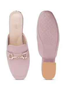 SHERRIF Women's Stylish Back Open Mules | Slip-On Casual & Office Wear Shoes | Soft Cushioned Sole with Metal Chain Detail | Comfortable Low Heel Slides for Girls & Women(202) Lavender