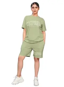 PerryCollection Women's Cotton Printed Night Suit Set of Top & Shorts, (Green, 2XL)