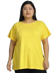theRebelinme Plus Size Women's Yellow Solid Color Cotton Knitted Kimono Sleeve T-Shirt-(XXL)