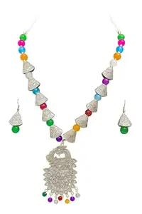 Navratri Jewellery Oxidized Peacock Pendant Necklace Set with Multicolor Beads, Traditional Indian Style