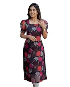 NEW FUSION FABRIC Women Organza Fabric Digital Printed Short Sleeves Pattern Kurti for Women, Long Kurti