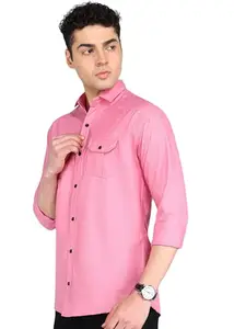 Men's Regular Fit Double Pocket Cotton Casual Shirt Pink