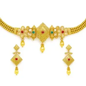 Traditional Gold Necklace Set with Pearl Drops, Floral Design, Ruby and Emerald Accents, Matching Earrings