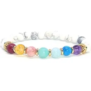 LKBEADS Natural 7 Chakra Stone & Howlite 8mm Round Shape Smooth Cut Beads 65 inch Stretchable Bracelet for Men & Women|STBR_RR_00076_65