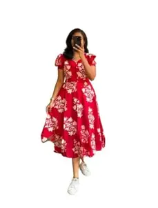 Printed Gown, Red Floral Pattern, Short Sleeve, Midi Length, Fit and Flare Style