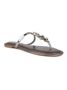 Inc.5 Women Pewter Embellished T-Strap Flats
