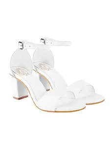 Shoetopia Stylish Ankle Strap White Block Heeled Sandals For Women & Girls