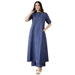YAKSHU SLAY EVERY DAY Women's Solid A-Line Kantha Work Front Button Kurti with Wide Leg Pants | Blue