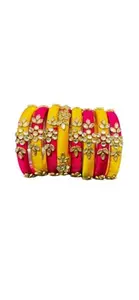 Handicrafts Silk Thread Bangle Kada For Women Girls 8 PC Set | Wedding & Festive Occasion | Handmade Chuda Stone Studded (Pink-Yellow, 2.6)