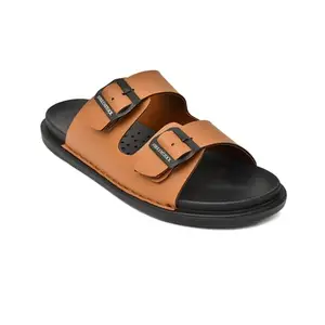 XYMBOLIC Men's Cushion Sliders/Slippers | PU Padding on the Footbed | Bounce Back Technology | Comfortable & Lightweight | Waterproof & Everyday Flip Flops for Gents (Tan, UK Footwear Size System, Adult, Men, Numeric, Medium, 9)