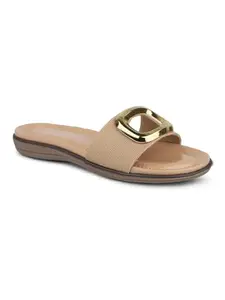 Inc.5 Women Beige Perforated Open Toe Flats with Buckle Detail