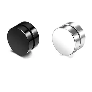 La Belleza Unisex Magnetic Round Rhodium Black Plated Stainless Steel Non Piercing Stud Earring for Boys Girls Men and Women Combo Pack of 2