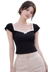 TIVANTE Solid Sweetheart Neck Lace Tops for Woman Stylish Western | Ribbed Tops for Woman | Korean Bow top for Women