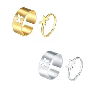Vembley Combo Of 2 Silver and Golden Butterfly Couple Ring Matching Wrap Finger Ring for Women and Men