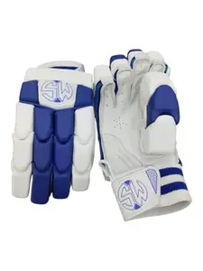 SW SPORTS WORLD Cricket Batting Gloves, Right Hand, White and Blue, Padded Protection, Regular Size (M)