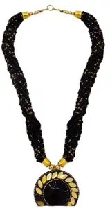 Handcrafted Black Beaded Necklace with Gold-Tone Pendant, Traditional Design