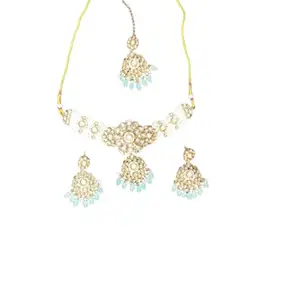Kundan Pearl Bridal Jewelry Set with Mint Beads – Necklace, Earrings & Maang Tikka for Ethnic Elegance