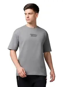 TECHNOSPORT Men Printed Oversized Round Neck T-Shirt with COTFLEX, Dry Fit Sports Tee, Oversized Activewear T-Shirt for Gym, Running, Sports & Casual Wear