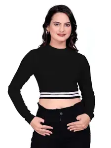CTF Readymade Crop Top for Women | S Size Cotton Blend Slim Fit Top with High Neck & Full Sleeves | Stretchable Cropwear for Jeans, Skirts & Casual Western Looks Black
