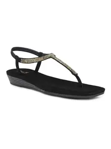 Inc.5 Women Black And Gold-Toned Embellished Open Toe T-Strap Flats