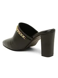 Bruno Manetti Women's Black Slipon Back open Pointed Toe Upper Gold Chain Comfort Heels