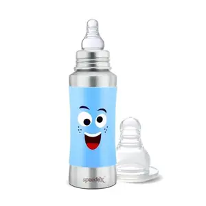 Speedex Stainless Steel Baby Feeding Bottle with Internal ML Marking, Smiley Printed Silicon Grip (240 ml, Blue Color, Silver Metal Mirror Finish) (1 Extra Nipple Free)