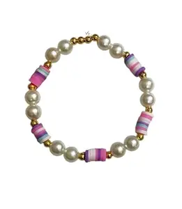 Pearl and Striped Bead Stretch Bracelet, Pink and Purple with Gold Accents, Fashion Jewelry