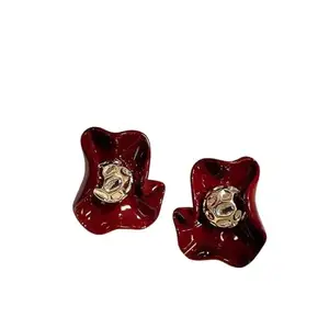 Maroon Stud Earrings for Women with Gold-Tone Accent (Maroon)