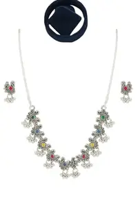 Antique Silver Oxidized Floral Drop Earrings, Multicolor Enamel Beads, Traditional Indian Design, Pearl Ball Danglers