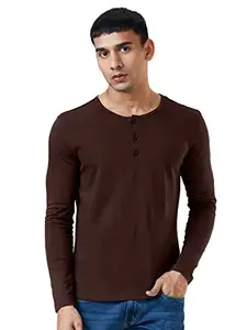 The Souled Store The Souled Store Men Chocolate Brown Solid Supima Full Sleeve Henley T-Shirts (X-Large)